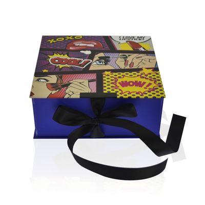 Fold Flat Custom Printing Rigid Paper Gift Box With Ribbon Closure