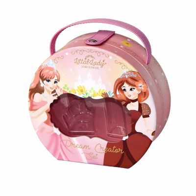 Pink Snap Closure Birthday Gift Makeup Box Round With PU Handle