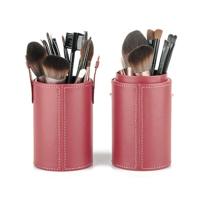 Cylindrical Makeup Brush Tube Case Red Vegan Leather Satin Lining