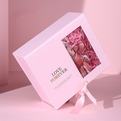 Custom Flat Pack Magnetic Gift Box Pink Paper With Ribbon