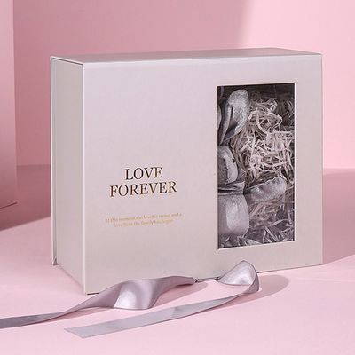 Custom Flat Pack Magnetic Gift Box Pink Paper With Ribbon
