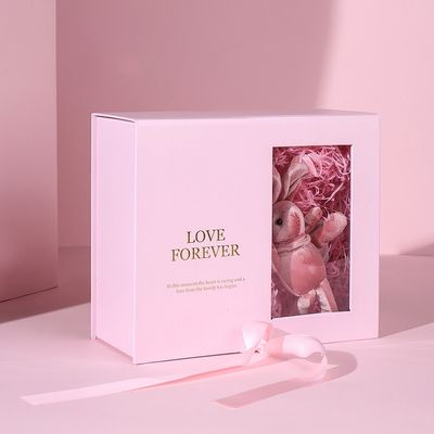 Custom Flat Pack Magnetic Gift Box Pink Paper With Ribbon
