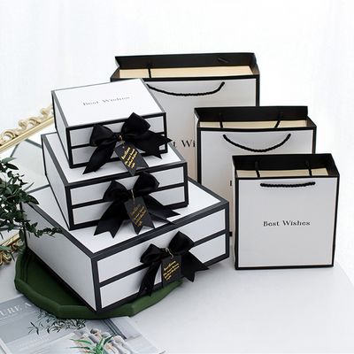 Rigid White Magnetic Cardboard Gift Boxes With Black Rim And Ribbon Bow