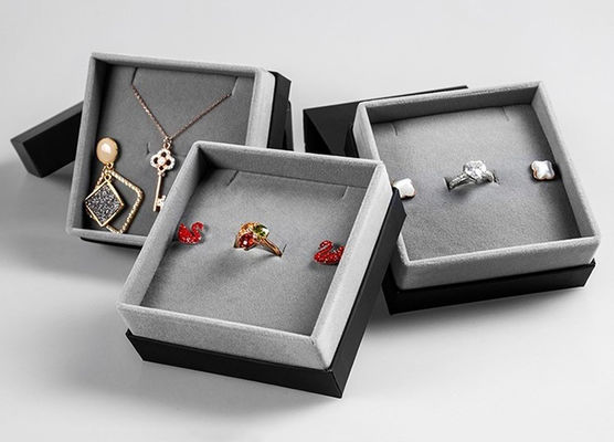 Grey Velvet Lined Cardboard Jewelry Packaging Boxes With Customizable Logo Printing