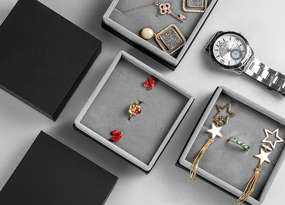 Grey Velvet Lined Cardboard Jewelry Packaging Boxes With Customizable Logo Printing
