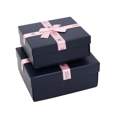 Navy Blue Collapsible Rigid Paper Gift Box 24*20*10cm With Ribbon Decor