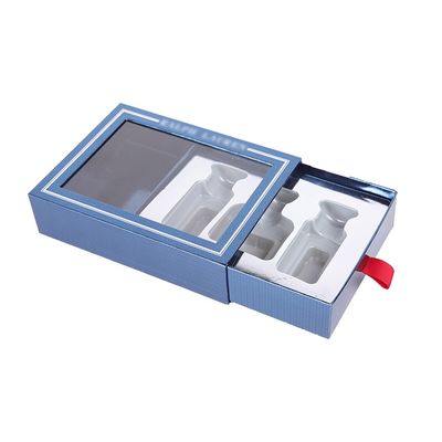 Bule Empty Small Cardboard Gift Boxes , Pull Out Drawer Box With 3 Cavities