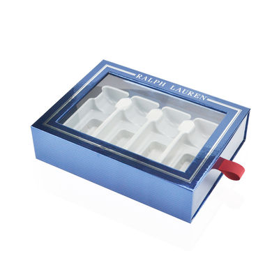 CMYK Color Clear Window Perfume Gift Boxes Sliding Drawer With Satin Puller
