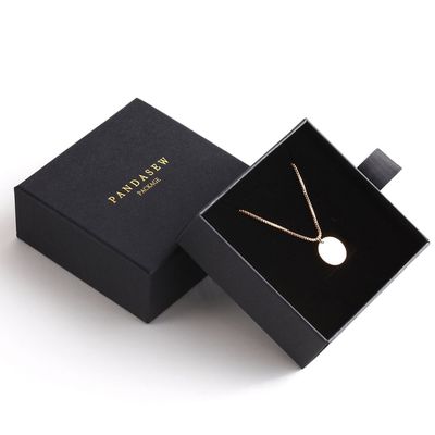 Pull Out Black Cardboard Necklace Box With 1.5cm Thick Sponge