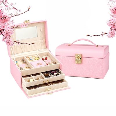 Velvet Lining 3 Layer Jewelry Box , Jewellery Drawer Organiser 22*16.5*12.5cm With Lock