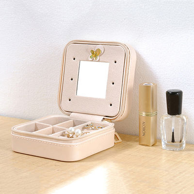 Mirrored Pu Leather  Portable Travel Jewelry Case With Zipper Closure