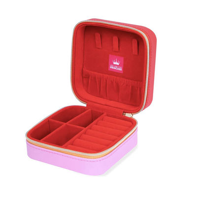 Faux Leather Red Square Portable Travel Jewelry Case 10*10*5cm For Girls