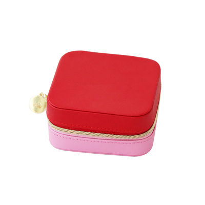 Faux Leather Red Square Portable Travel Jewelry Case 10*10*5cm For Girls