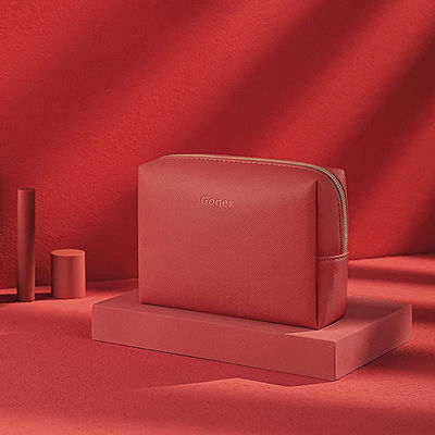 PU Leather Zippered Cosmetic Makeup Bag Red Small For Daily Use