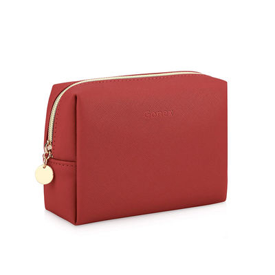 PU Leather Zippered Cosmetic Makeup Bag Red Small For Daily Use