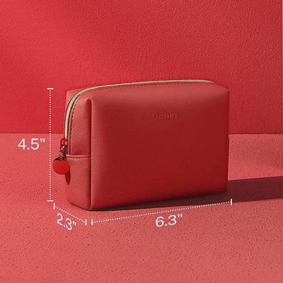 PU Leather Zippered Cosmetic Makeup Bag Red Small For Daily Use