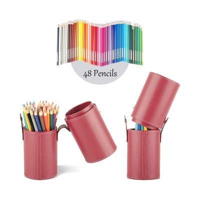 Cylindrical Makeup Brush Tube Case Red Vegan Leather Satin Lining