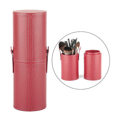 Cylindrical Makeup Brush Tube Case Red Vegan Leather Satin Lining